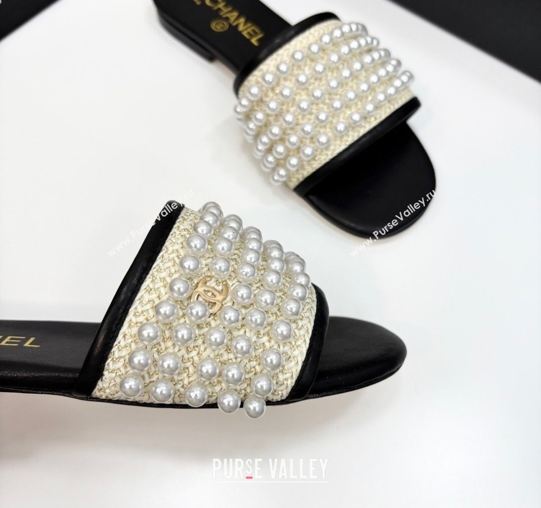Chanel Straw Flat Slides Sandal with Pearls Black 2025 CH041704 (MD-250417010)