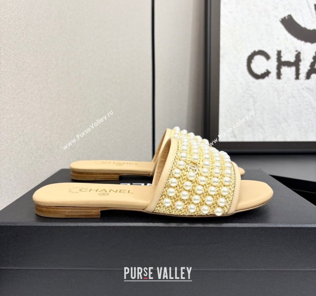 Chanel Straw Flat Slides Sandal with Pearls Beige 2025 CH041704 (MD-250417011)