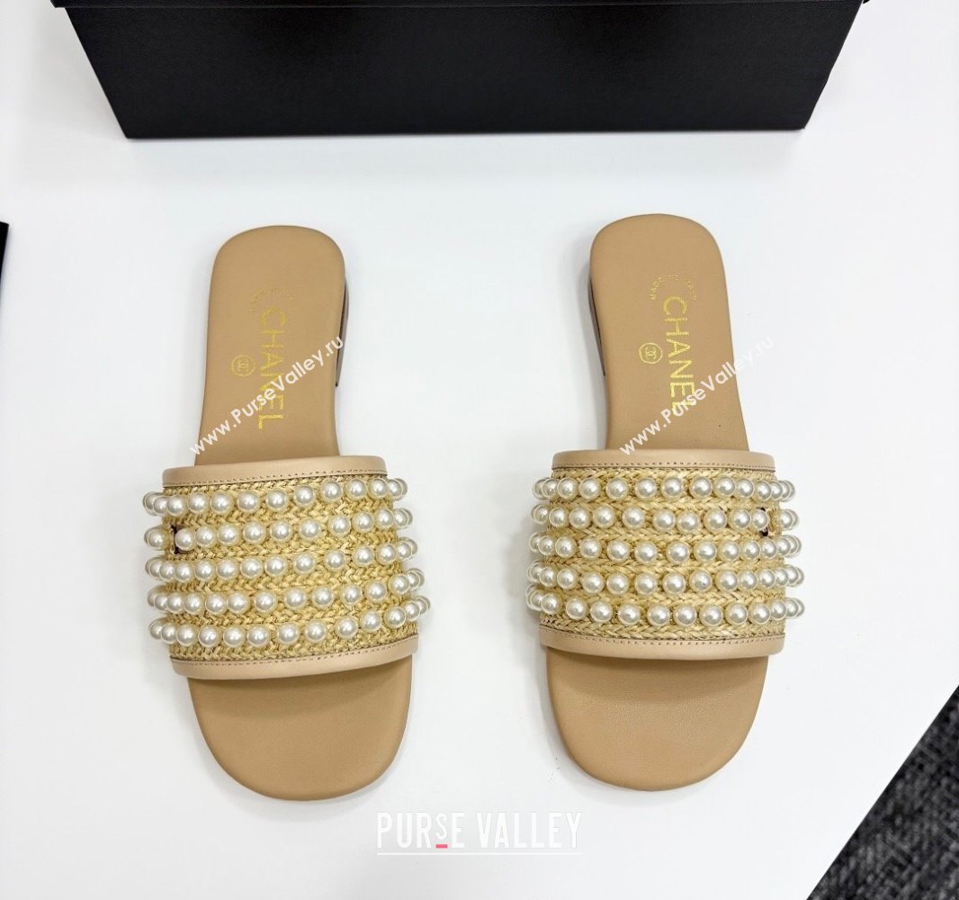 Chanel Straw Flat Slides Sandal with Pearls Beige 2025 CH041704 (MD-250417011)