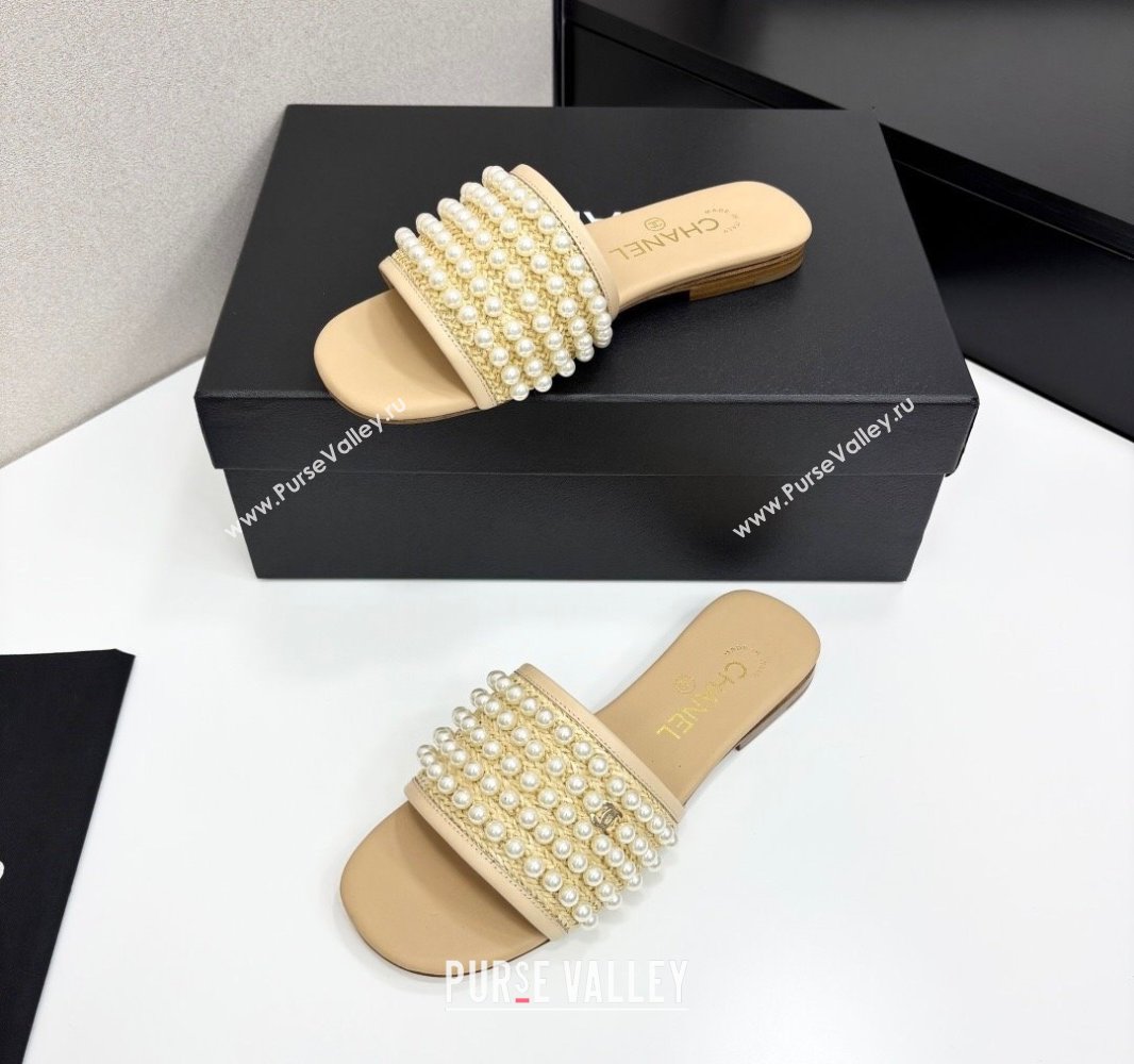 Chanel Straw Flat Slides Sandal with Pearls Beige 2025 CH041704 (MD-250417011)