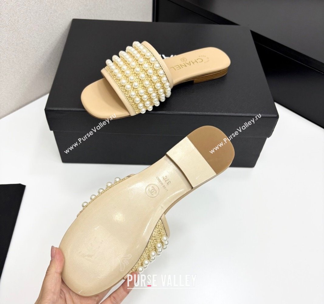 Chanel Straw Flat Slides Sandal with Pearls Beige 2025 CH041704 (MD-250417011)
