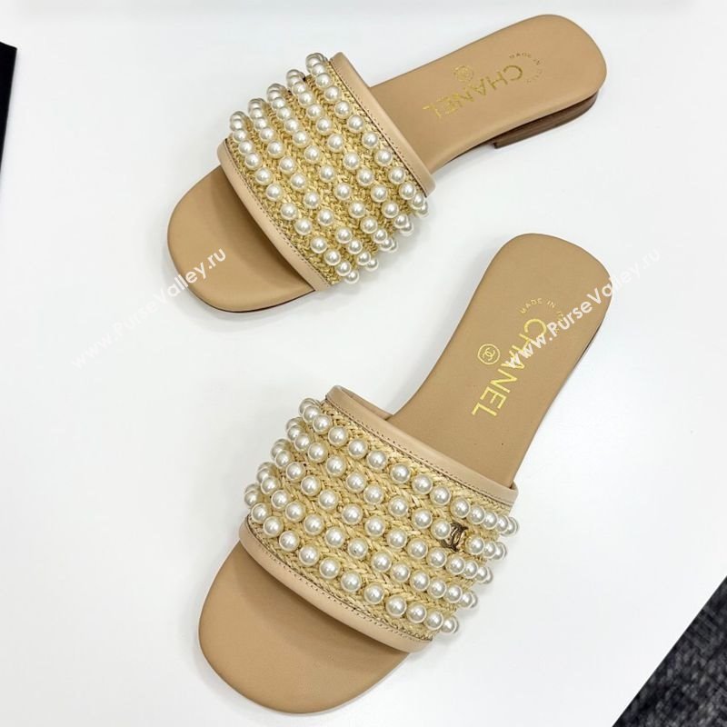 Chanel Straw Flat Slides Sandal with Pearls Beige 2025 CH041704 (MD-250417011)