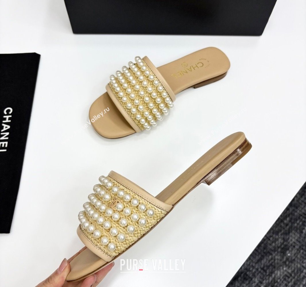 Chanel Straw Flat Slides Sandal with Pearls Beige 2025 CH041704 (MD-250417011)