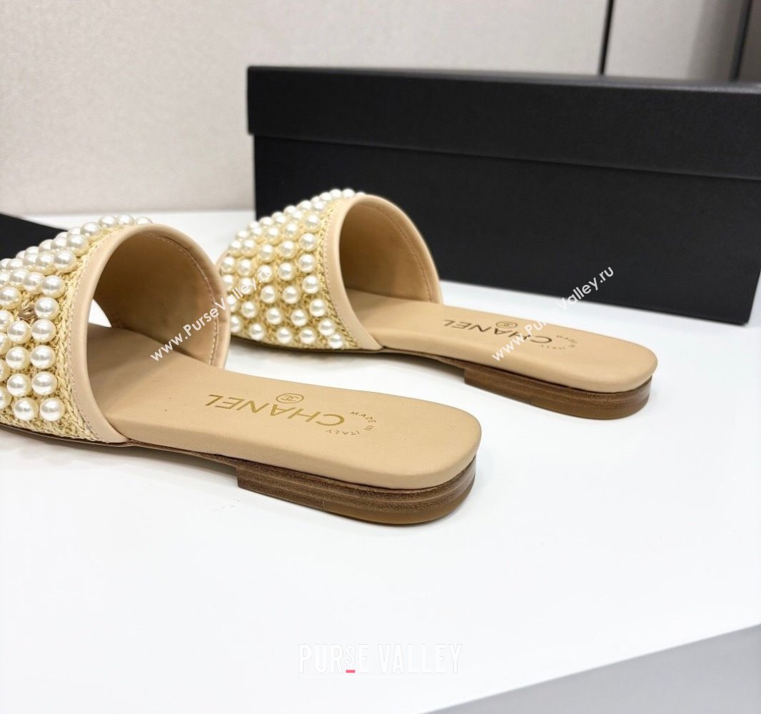 Chanel Straw Flat Slides Sandal with Pearls Beige 2025 CH041704 (MD-250417011)