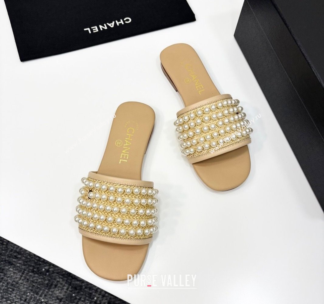 Chanel Straw Flat Slides Sandal with Pearls Beige 2025 CH041704 (MD-250417011)