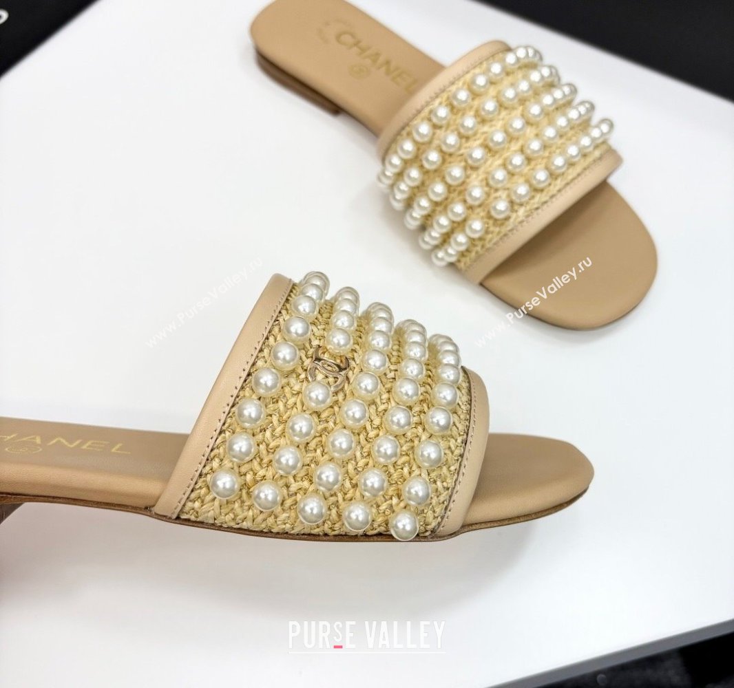 Chanel Straw Flat Slides Sandal with Pearls Beige 2025 CH041704 (MD-250417011)