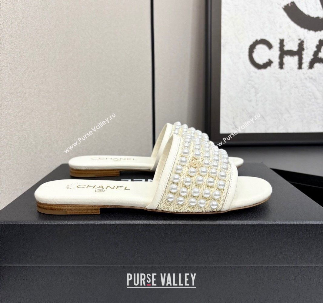 Chanel Straw Flat Slides Sandal with Pearls White 2025 CH041704 (MD-250417012)