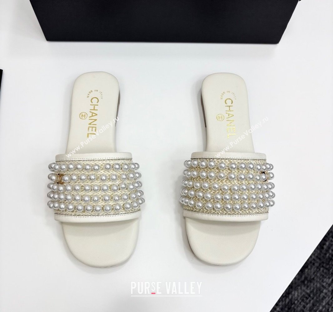 Chanel Straw Flat Slides Sandal with Pearls White 2025 CH041704 (MD-250417012)