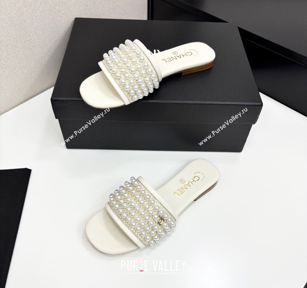 Chanel Straw Flat Slides Sandal with Pearls White 2025 CH041704 (MD-250417012)