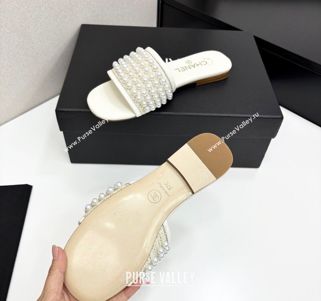 Chanel Straw Flat Slides Sandal with Pearls White 2025 CH041704 (MD-250417012)