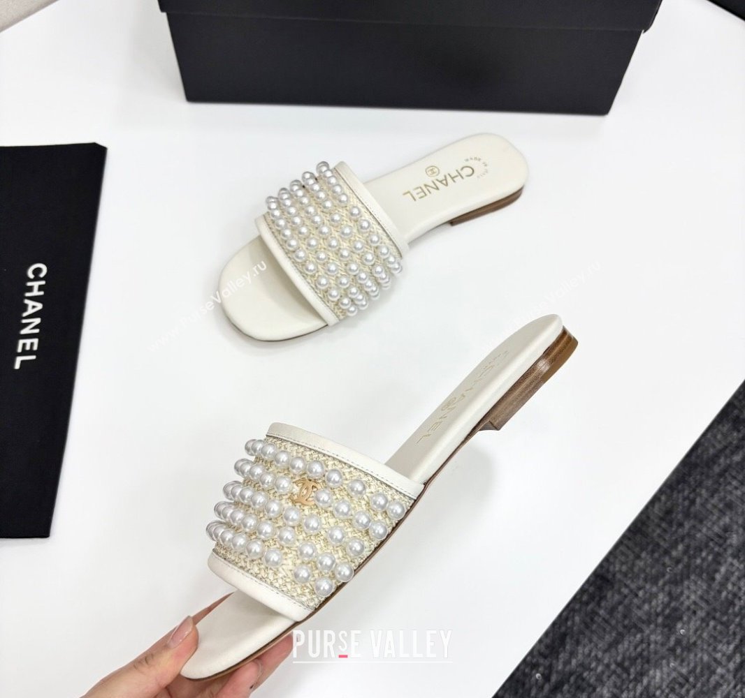 Chanel Straw Flat Slides Sandal with Pearls White 2025 CH041704 (MD-250417012)