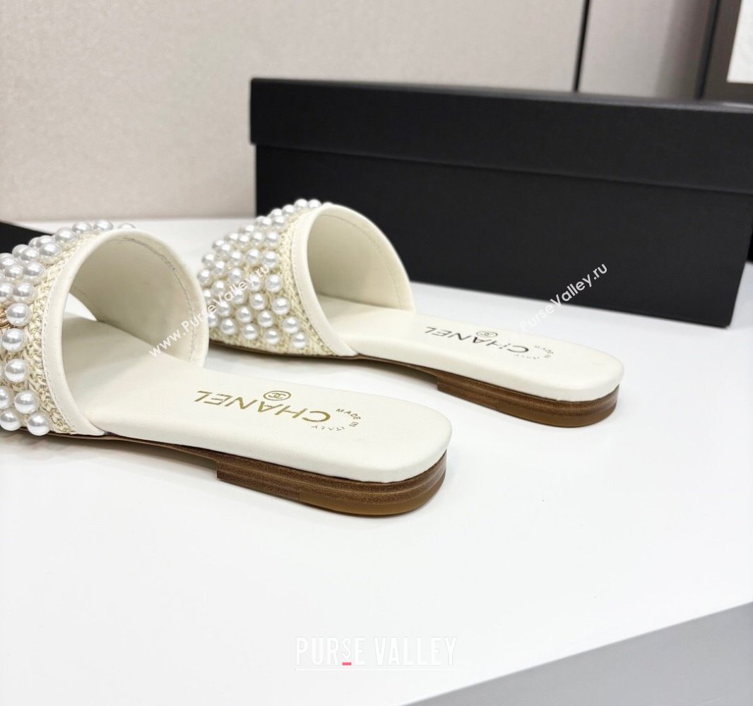 Chanel Straw Flat Slides Sandal with Pearls White 2025 CH041704 (MD-250417012)
