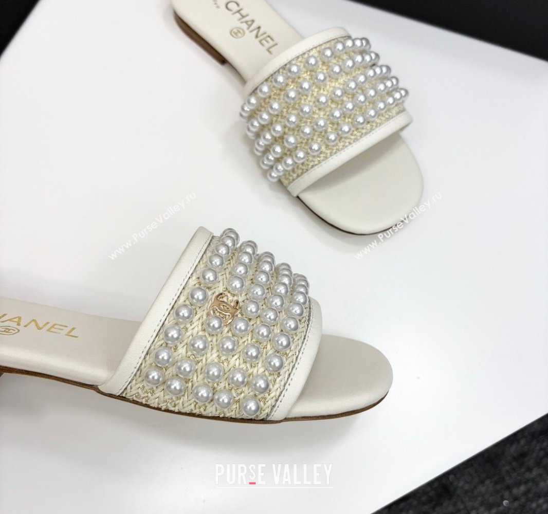 Chanel Straw Flat Slides Sandal with Pearls White 2025 CH041704 (MD-250417012)