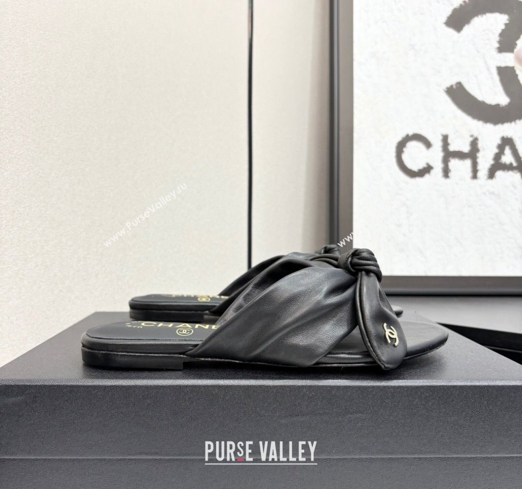 Chanel Lambskin Flat Thong Slide Sandals with Bow Black 2025 CH041705 (MD-250417014)