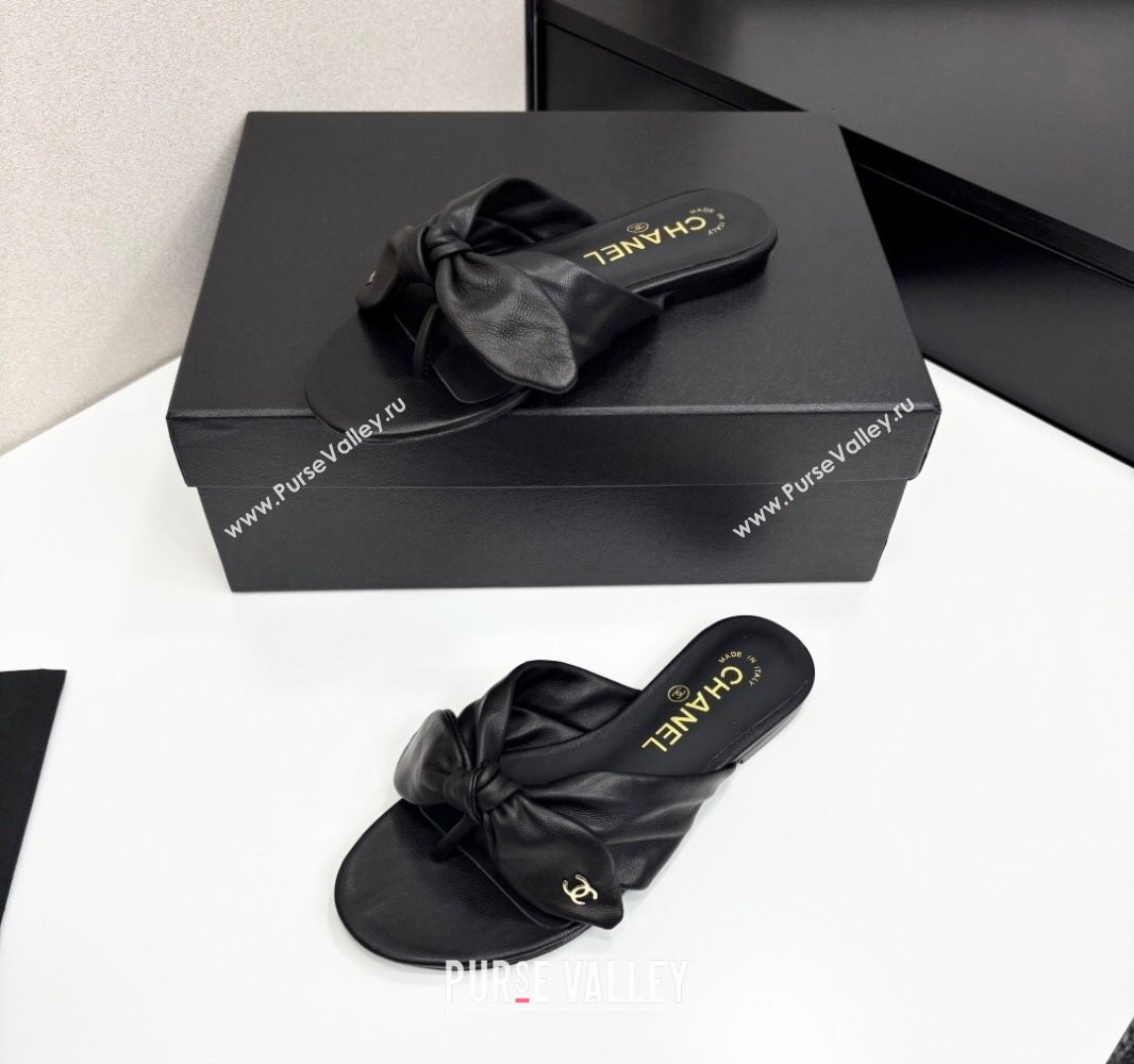Chanel Lambskin Flat Thong Slide Sandals with Bow Black 2025 CH041705 (MD-250417014)
