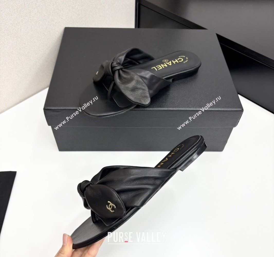 Chanel Lambskin Flat Thong Slide Sandals with Bow Black 2025 CH041705 (MD-250417014)
