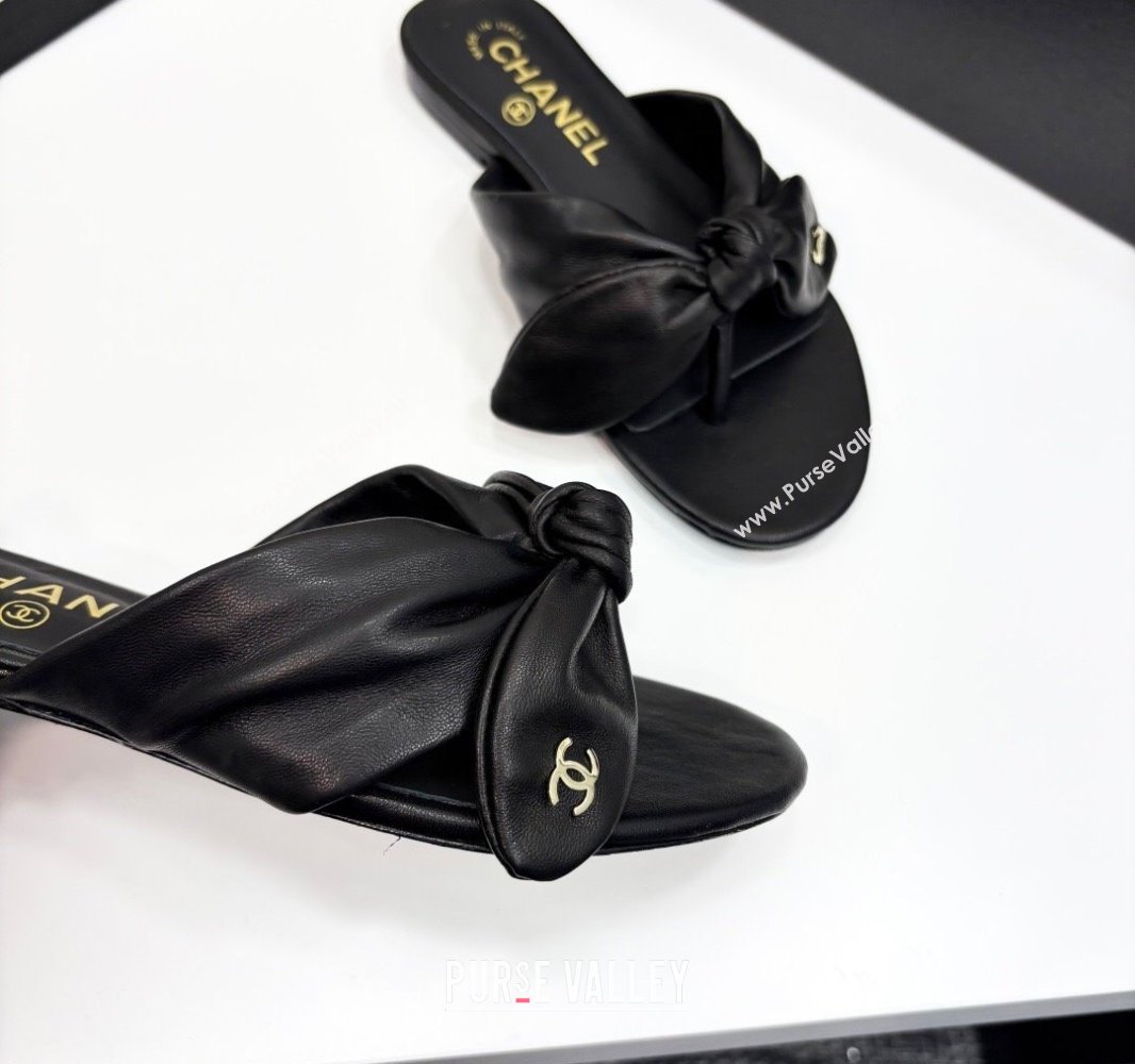 Chanel Lambskin Flat Thong Slide Sandals with Bow Black 2025 CH041705 (MD-250417014)