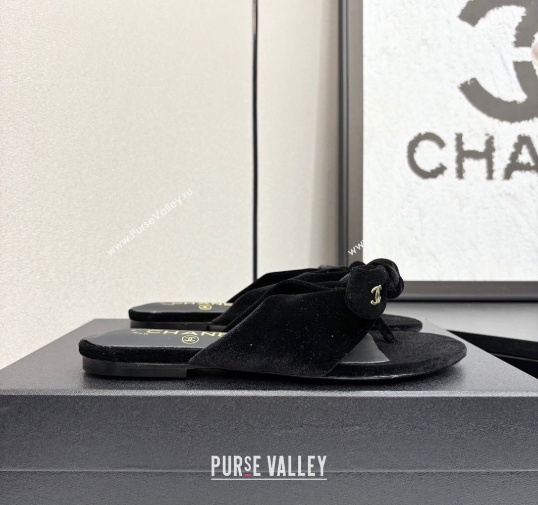 Chanel Velvet Flat Thong Slide Sandals with Bow Black 2025 CH041705 (MD-250417016)
