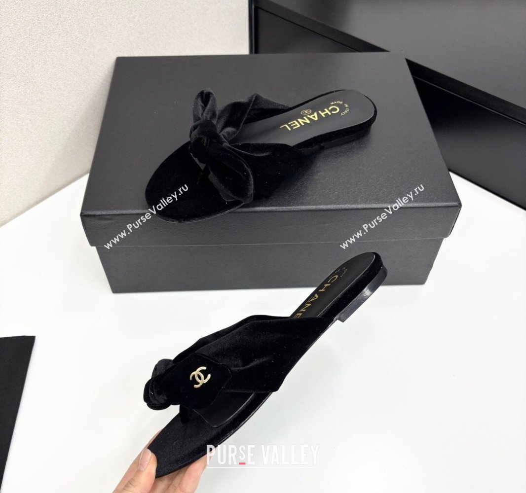 Chanel Velvet Flat Thong Slide Sandals with Bow Black 2025 CH041705 (MD-250417016)