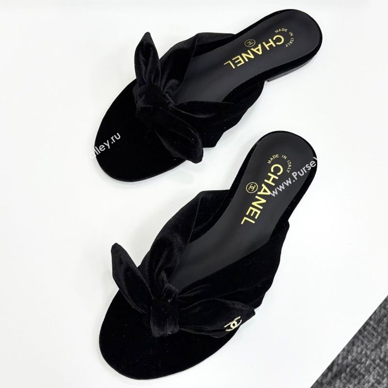 Chanel Velvet Flat Thong Slide Sandals with Bow Black 2025 CH041705 (MD-250417016)