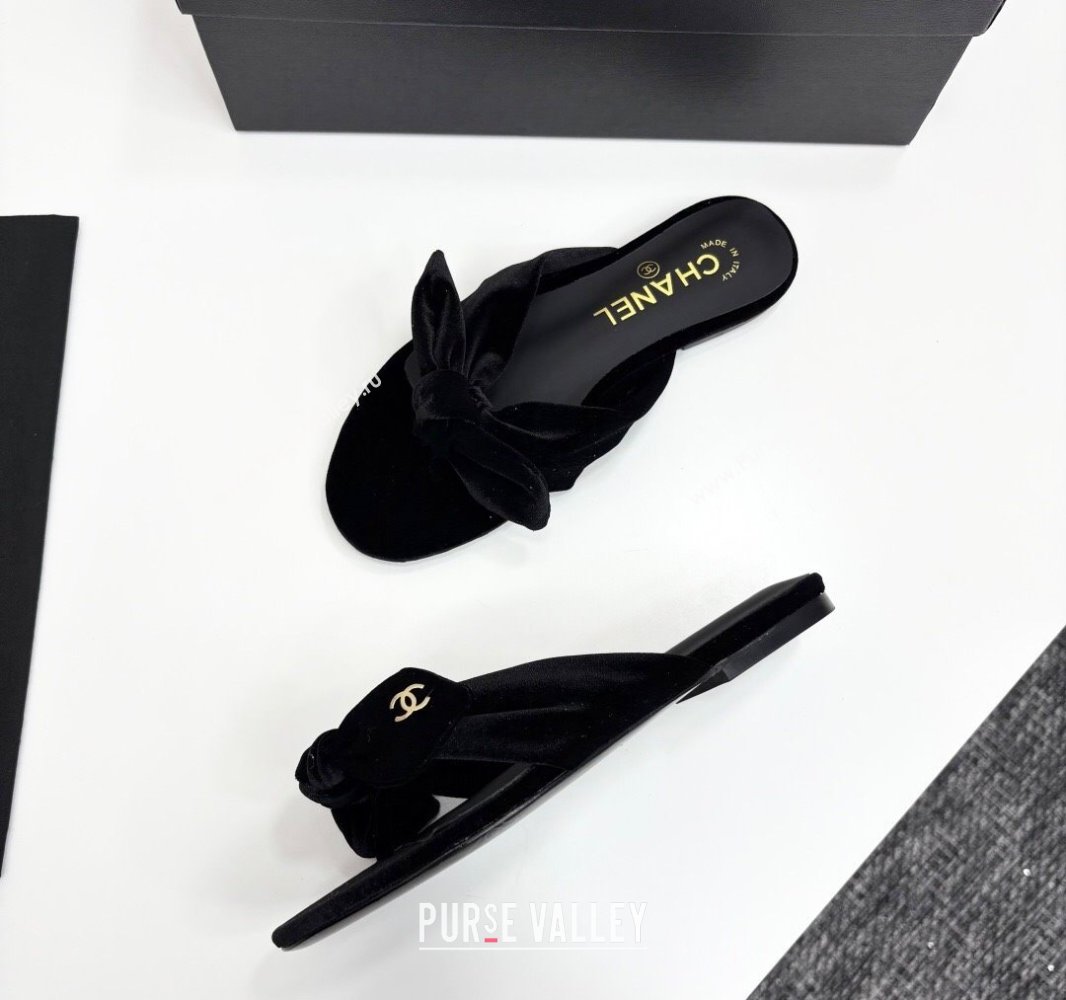 Chanel Velvet Flat Thong Slide Sandals with Bow Black 2025 CH041705 (MD-250417016)