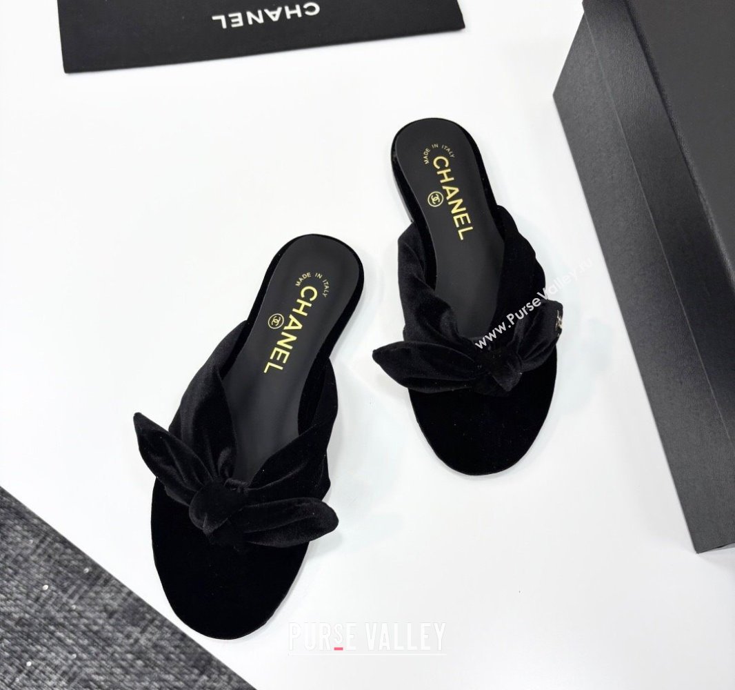 Chanel Velvet Flat Thong Slide Sandals with Bow Black 2025 CH041705 (MD-250417016)