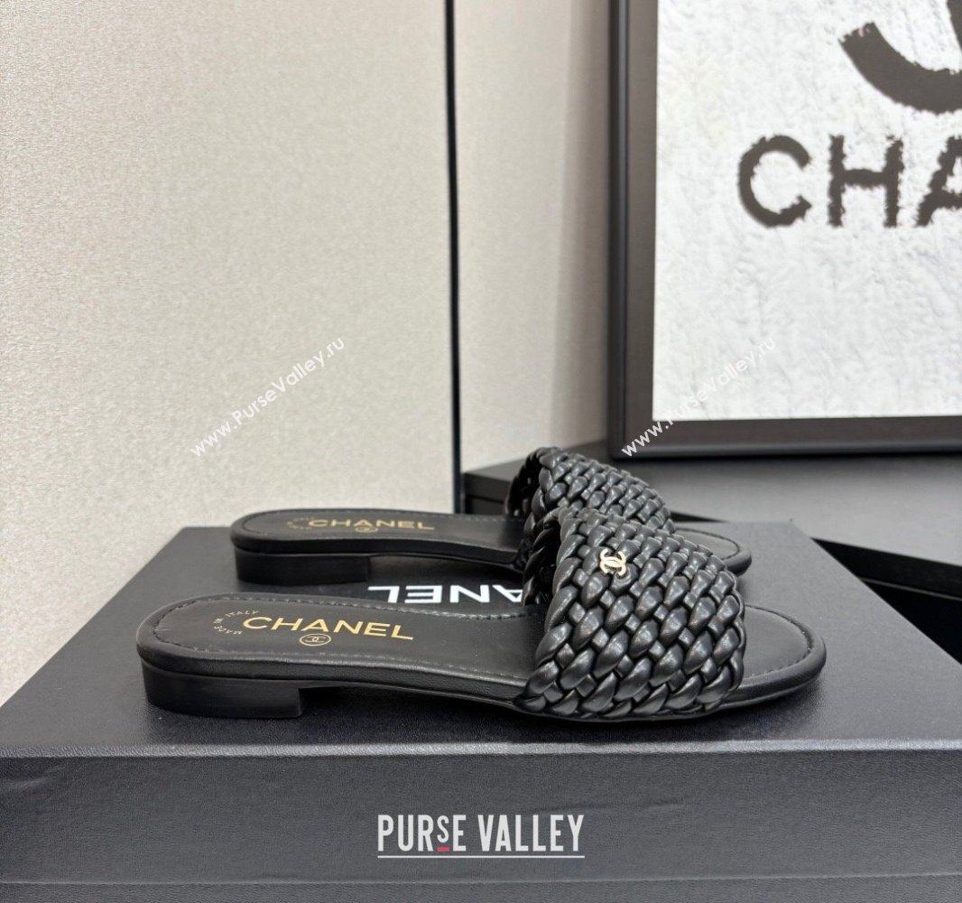 Chanel Woven Leather Flat Slides Sandal Black 2025 CH041706 (MD-250417019)