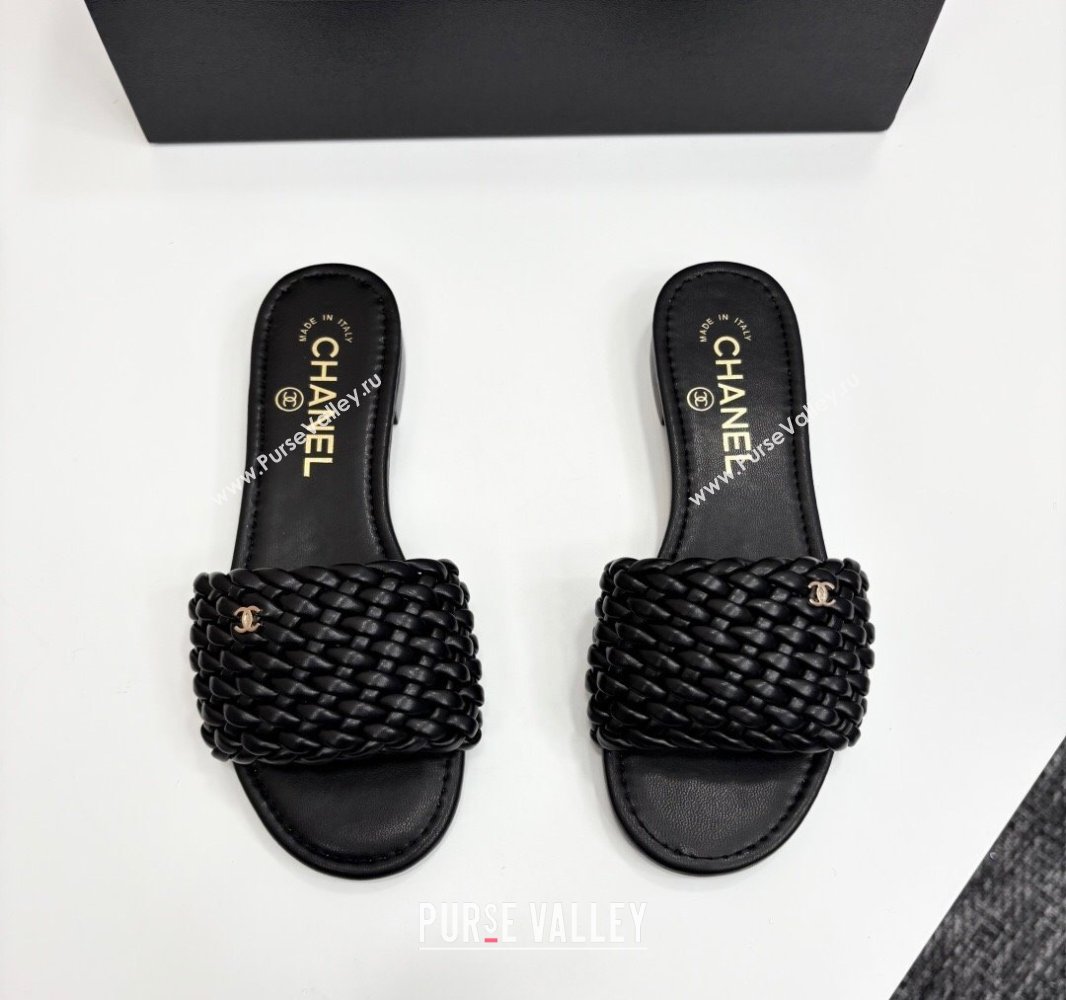 Chanel Woven Leather Flat Slides Sandal Black 2025 CH041706 (MD-250417019)