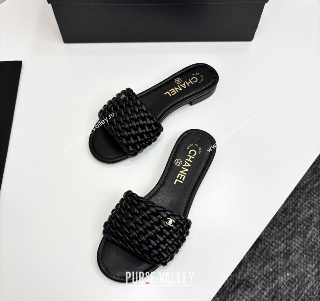 Chanel Woven Leather Flat Slides Sandal Black 2025 CH041706 (MD-250417019)