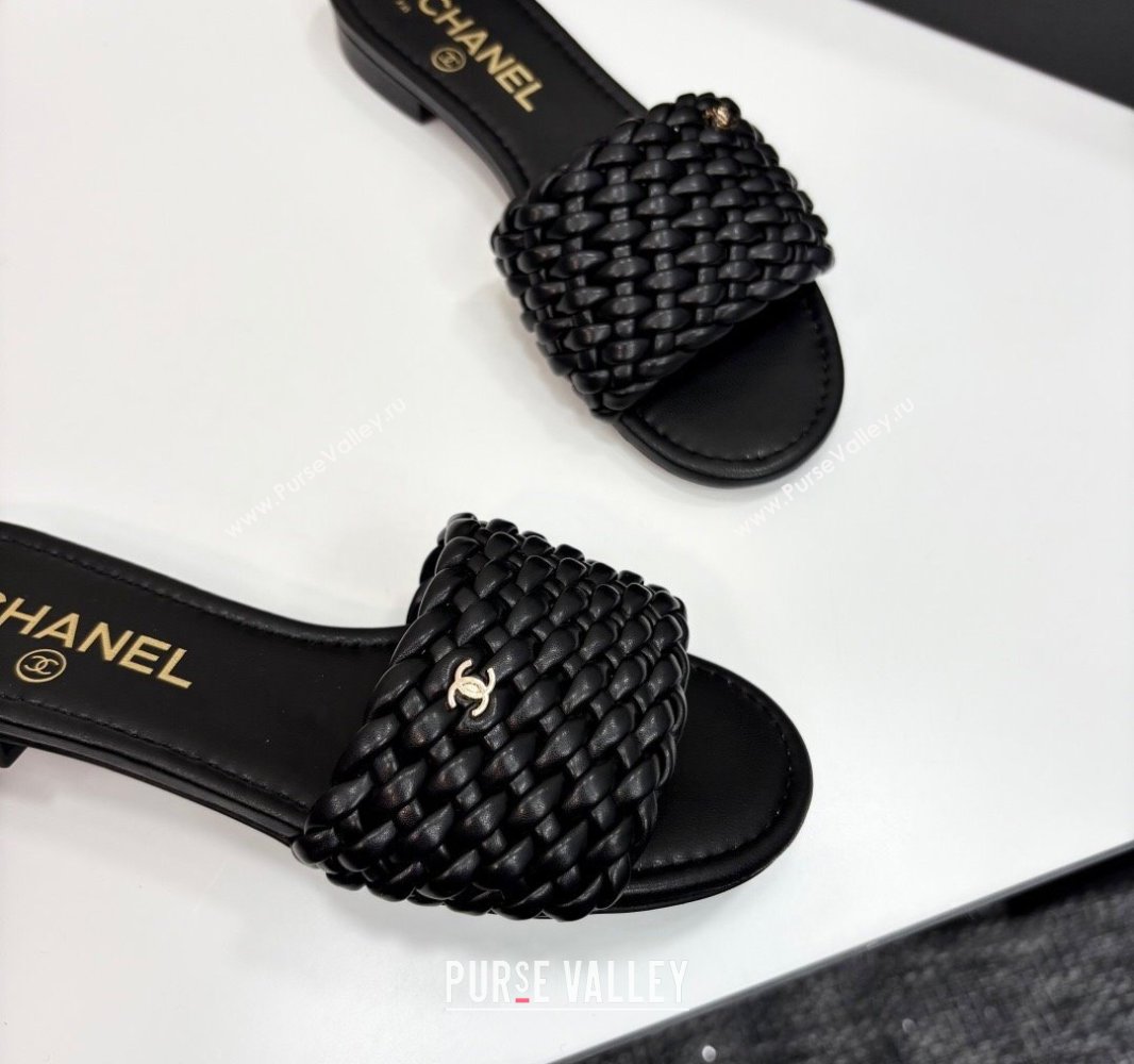 Chanel Woven Leather Flat Slides Sandal Black 2025 CH041706 (MD-250417019)