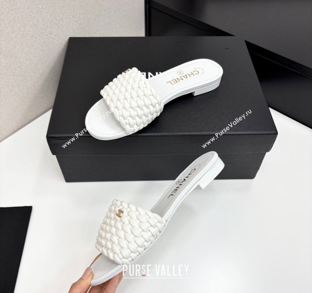 Chanel Woven Leather Flat Slides Sandal White 2025 CH041706 (MD-250417020)