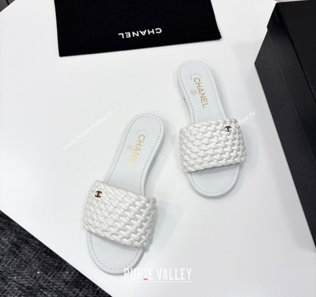 Chanel Woven Leather Flat Slides Sandal White 2025 CH041706 (MD-250417020)