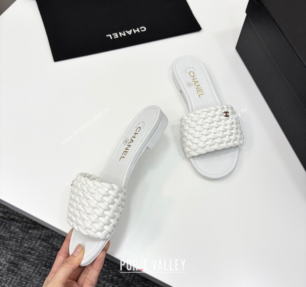 Chanel Woven Leather Flat Slides Sandal White 2025 CH041706 (MD-250417020)