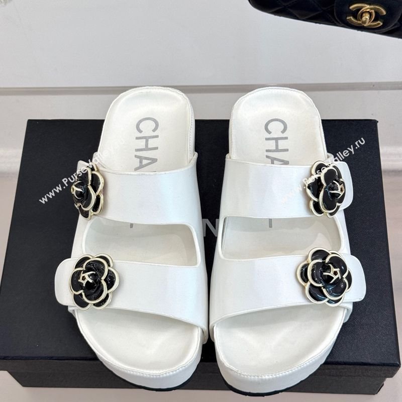 Chanel Satin Platform Slides Sandal with Camellia Strap White 2025 CH041707 (MD-250417021)