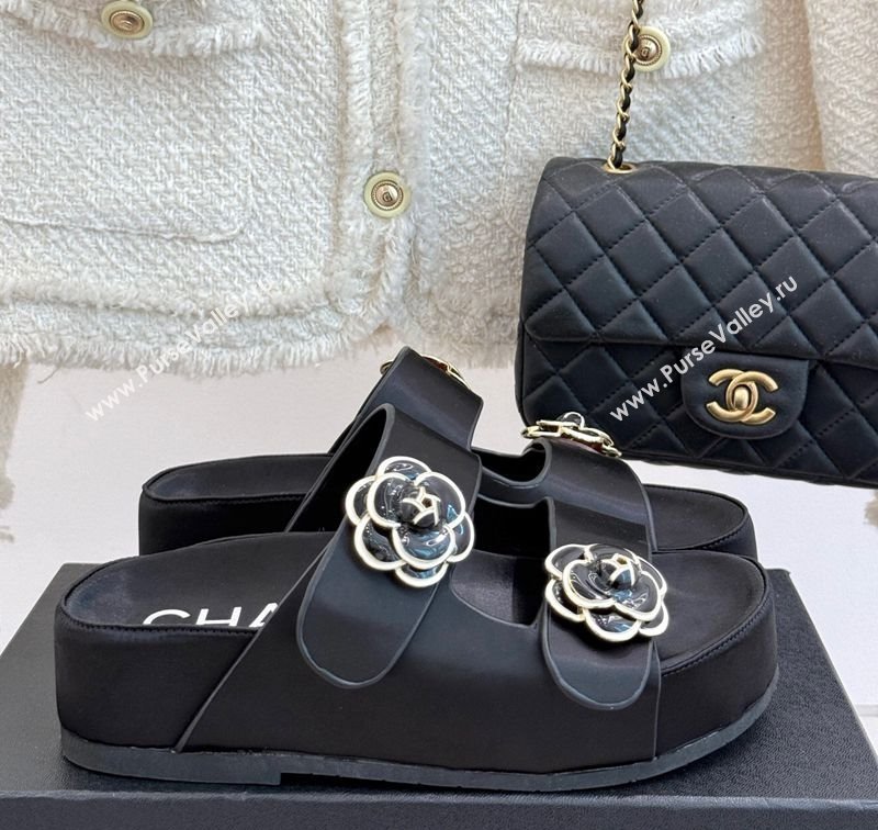 Chanel Satin Platform Slides Sandal with Camellia Strap Black 2025 CH041707 (MD-250417023)
