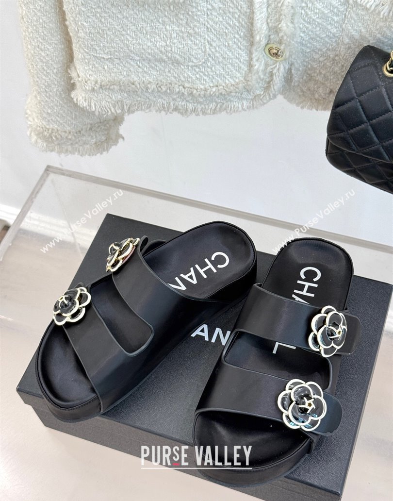 Chanel Satin Platform Slides Sandal with Camellia Strap Black 2025 CH041707 (MD-250417023)