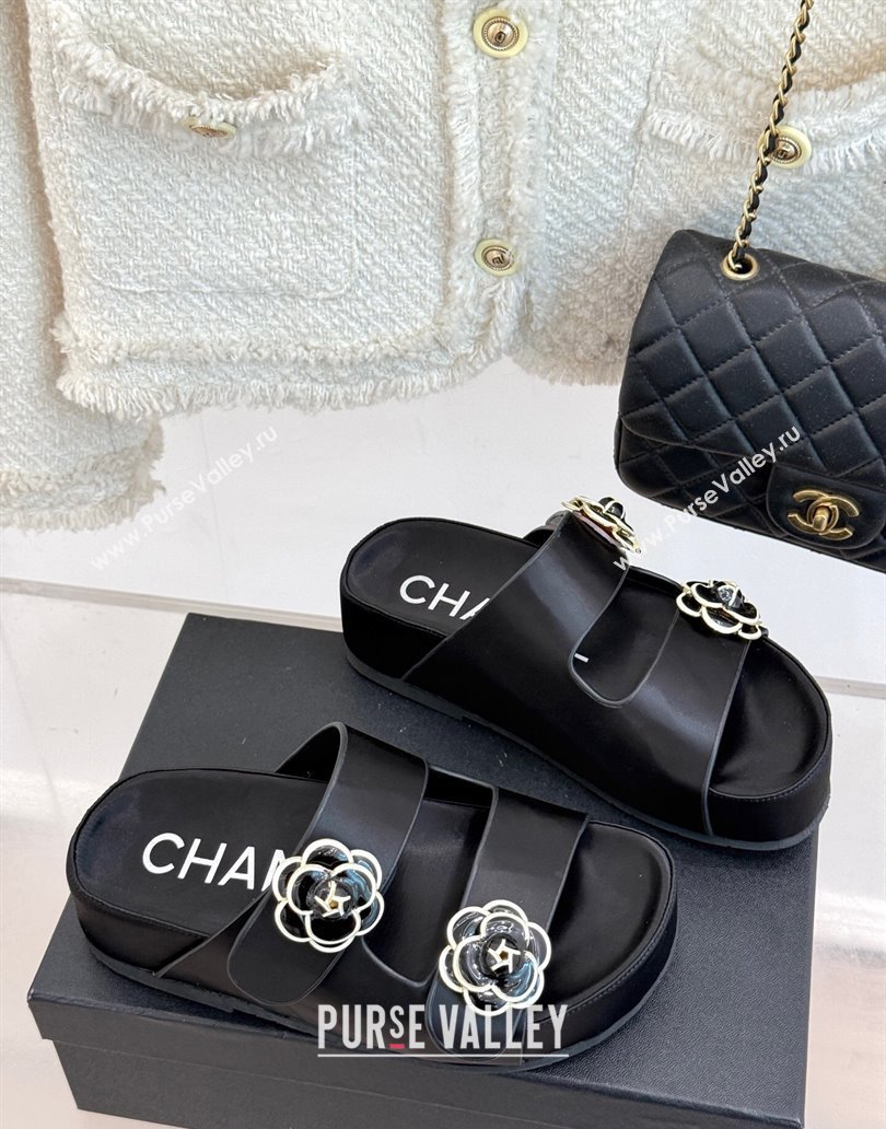 Chanel Satin Platform Slides Sandal with Camellia Strap Black 2025 CH041707 (MD-250417023)