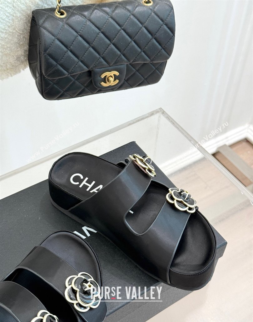 Chanel Satin Platform Slides Sandal with Camellia Strap Black 2025 CH041707 (MD-250417023)