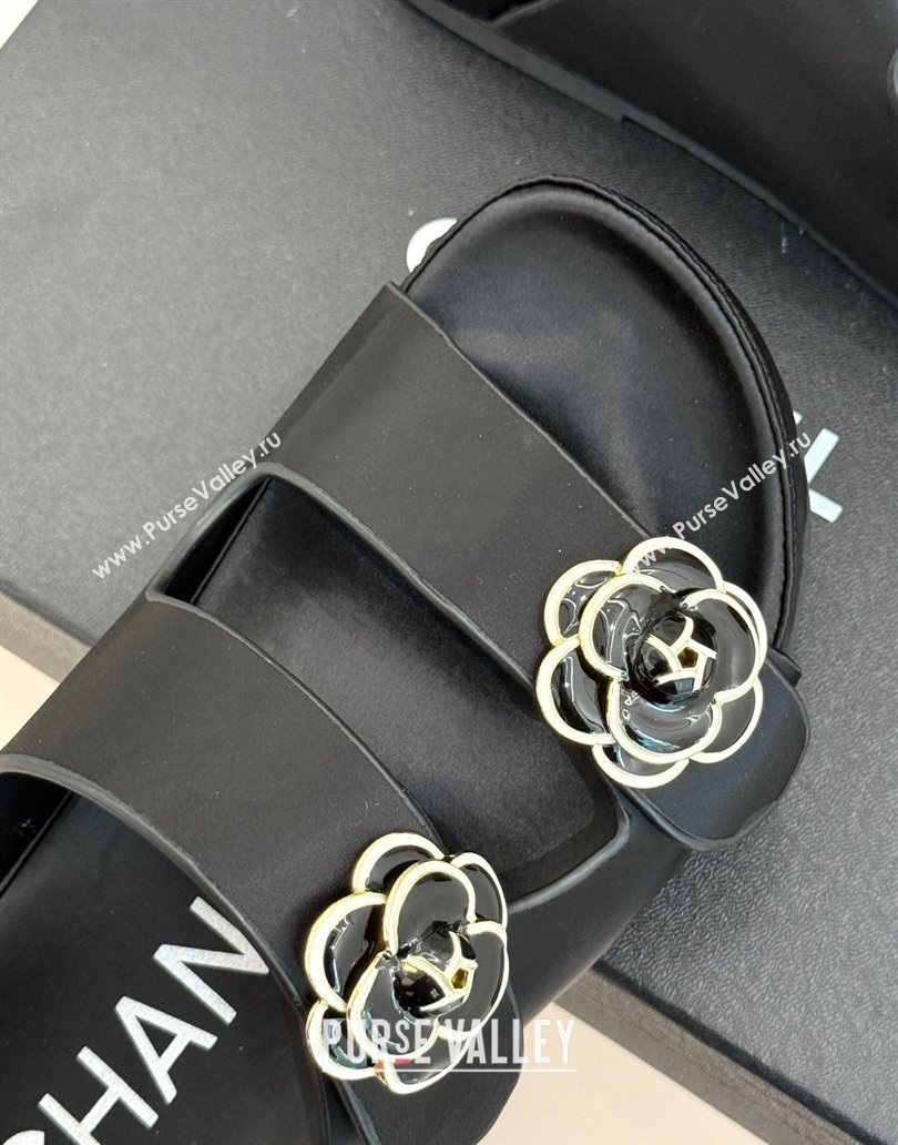 Chanel Satin Platform Slides Sandal with Camellia Strap Black 2025 CH041707 (MD-250417023)