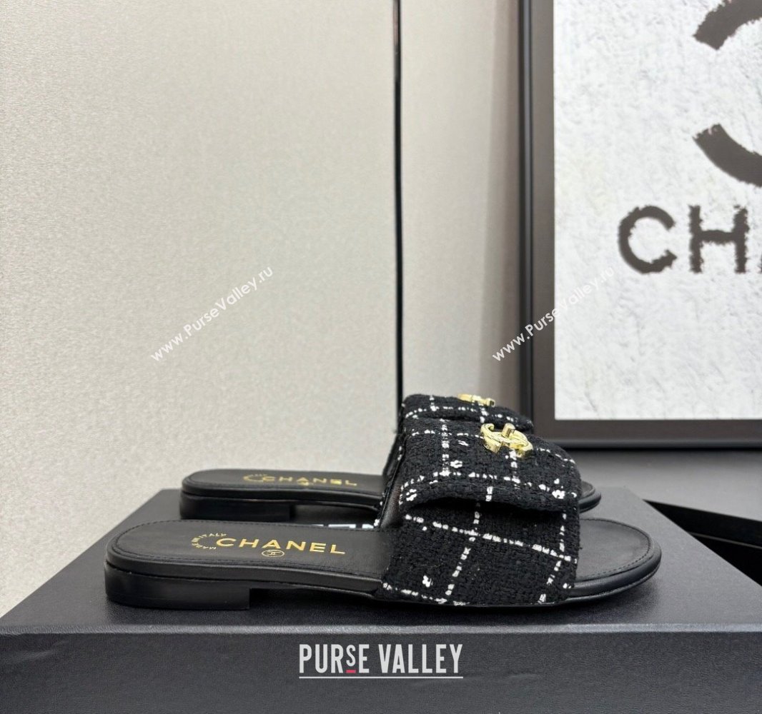 Chanel Tweed Flat Slides Sandal with Foldover G45474 Black 2025 (MD-250415070)