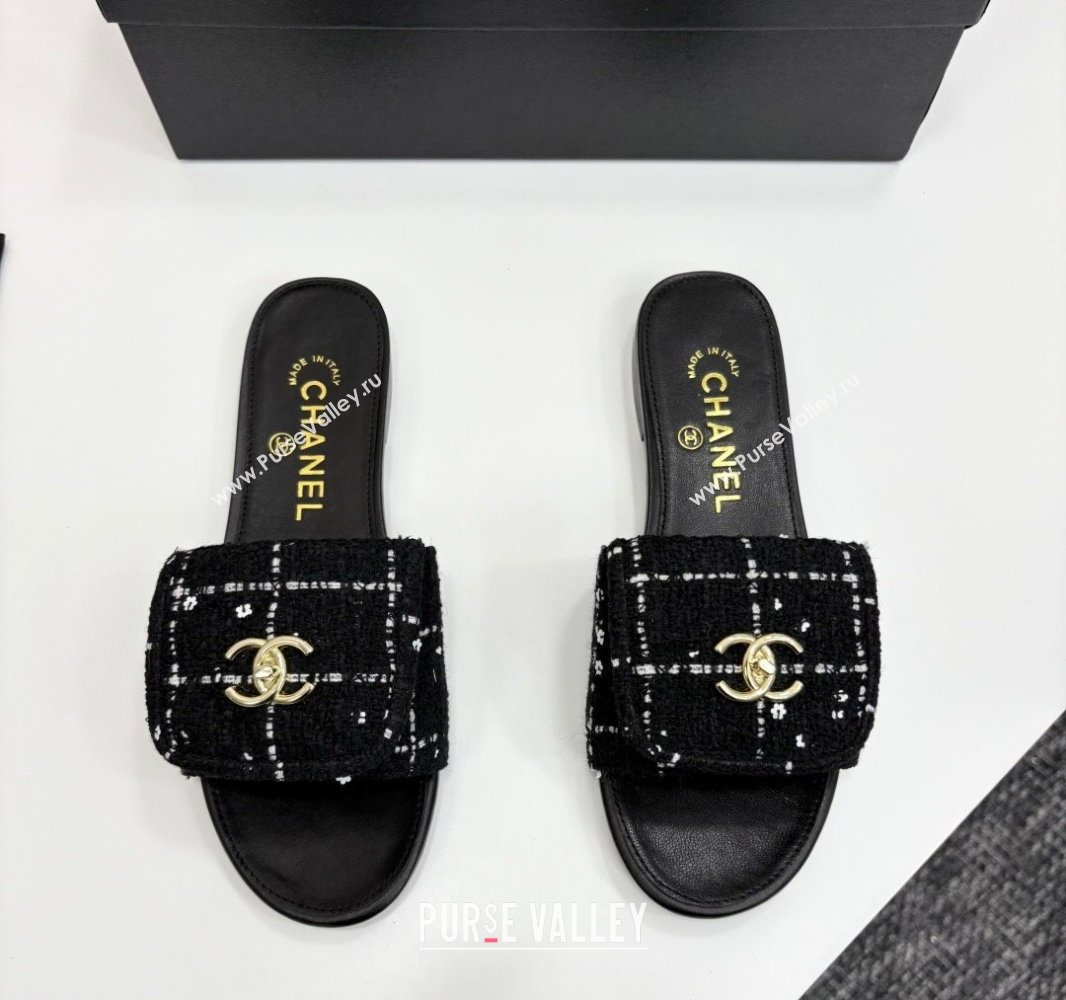 Chanel Tweed Flat Slides Sandal with Foldover G45474 Black 2025 (MD-250415070)