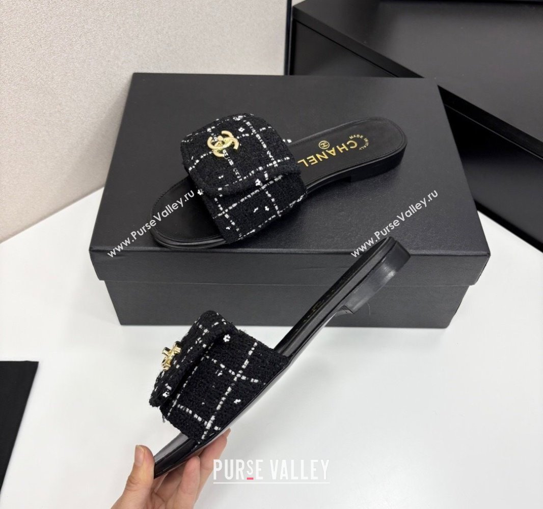 Chanel Tweed Flat Slides Sandal with Foldover G45474 Black 2025 (MD-250415070)