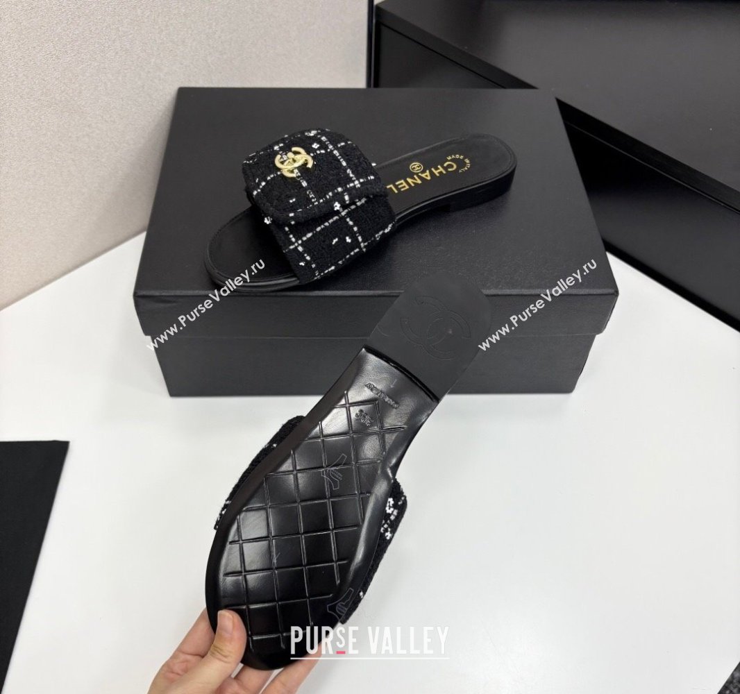 Chanel Tweed Flat Slides Sandal with Foldover G45474 Black 2025 (MD-250415070)