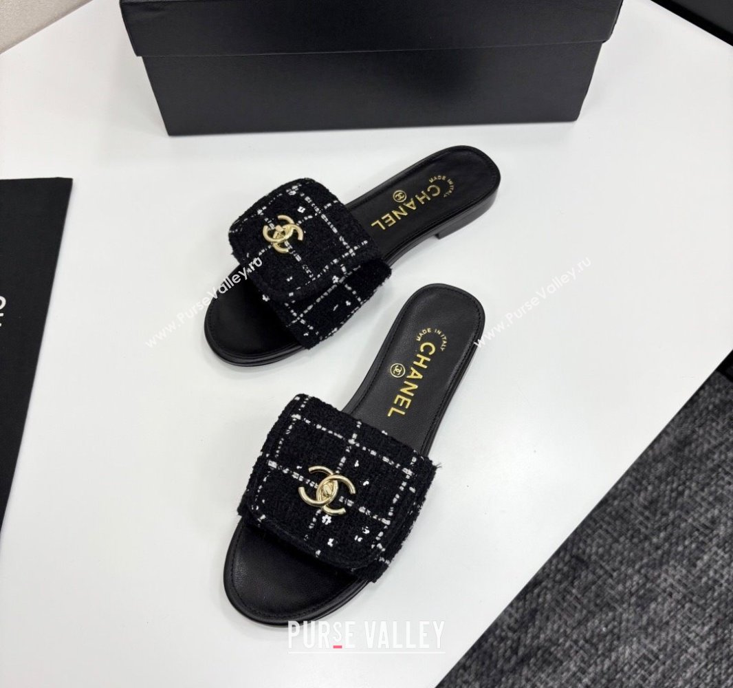 Chanel Tweed Flat Slides Sandal with Foldover G45474 Black 2025 (MD-250415070)