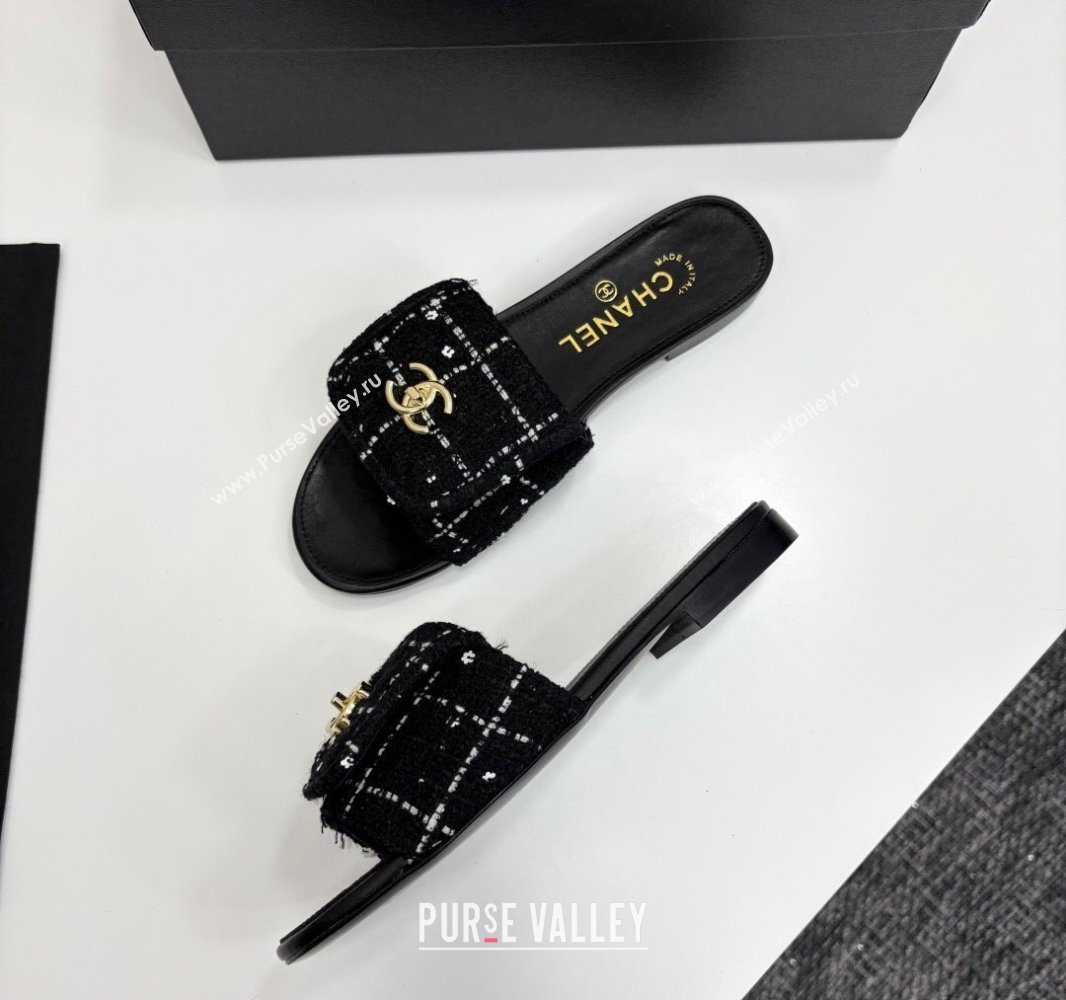 Chanel Tweed Flat Slides Sandal with Foldover G45474 Black 2025 (MD-250415070)