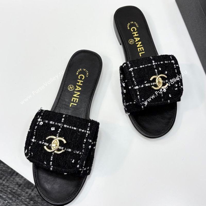 Chanel Tweed Flat Slides Sandal with Foldover G45474 Black 2025 (MD-250415070)