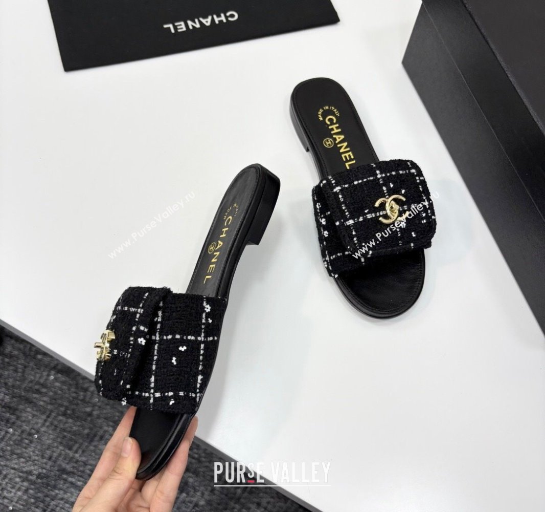Chanel Tweed Flat Slides Sandal with Foldover G45474 Black 2025 (MD-250415070)