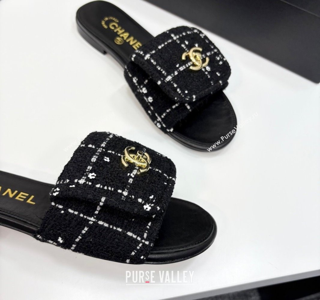 Chanel Tweed Flat Slides Sandal with Foldover G45474 Black 2025 (MD-250415070)