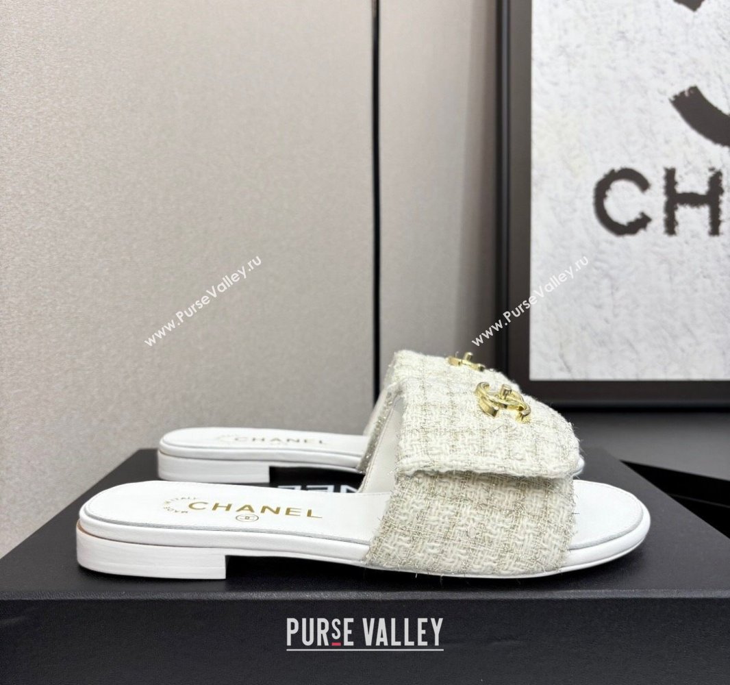 Chanel Tweed Flat Slides Sandal with Foldover G45474 White 2025 (MD-250415071)