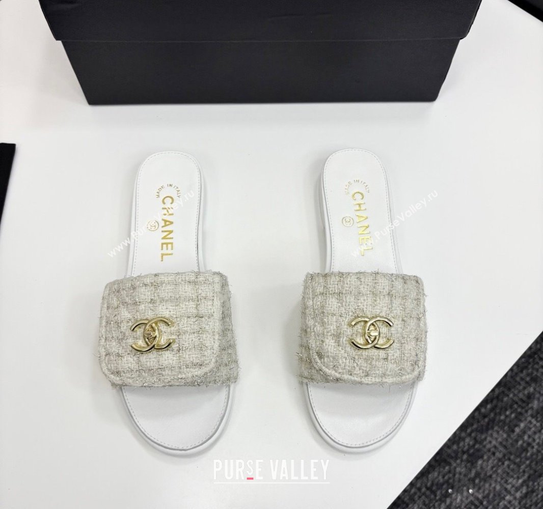 Chanel Tweed Flat Slides Sandal with Foldover G45474 White 2025 (MD-250415071)